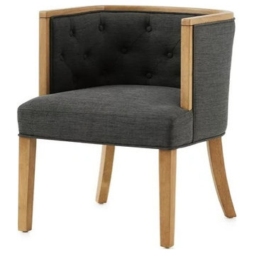 Retro Accent Chair, Oak Wood Frame and Curved Back With Button Tufting, Charcoal