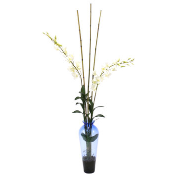 Waterlook® White Dendrobium Orchid with Bamboo in Blue Victorian Glass Vase