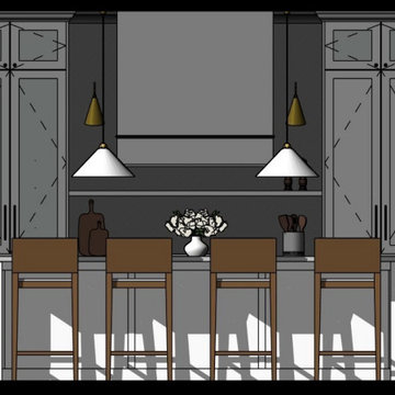 Victorian Kitchen: Elevation with Island in Foreground