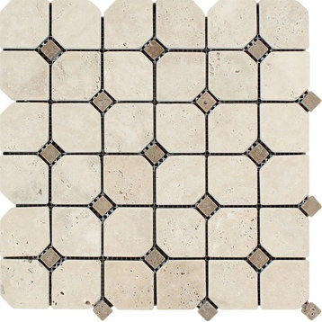Ivory Tumbled Travertine Octagon Mosaic With Noce Dots