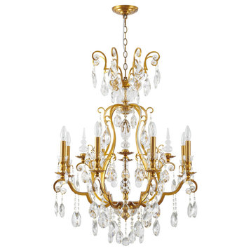 9-Light Antique Brass Chandelier With Clear Hanging Crystals