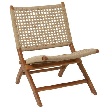 Contemporary Folding Chair, Mahogany Wood Frame With Woven Seat, Brown