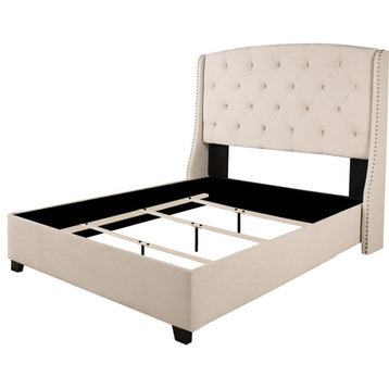 Peyton Upholstered King Bed with Nailhead Trim in Off White Ivory Fabric