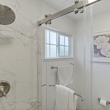 Marble-Inspired Shower Retreat in Mission Viejo with Brushed Nickel Fixtures