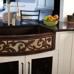 33" Copper Farmhouse Sink with Rounded Front, Two-Tone Scroll Finish - Kitchen Sinks