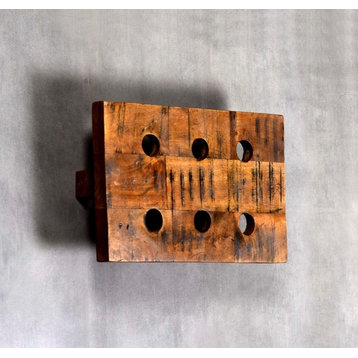 Rustic Wood Plank Wall Mounted Wine Rack, 6 Bottle Vintage Style Minimalist