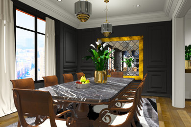 Пример оригинального дизайна: большая кухня-столовая в классическом стиле с серыми стенами и паркетным полом среднего тона