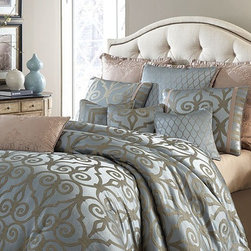 AICO Furniture - Plaza Suite Teal Blue/Antiqued Geometric 9-pc Queen Bedding Set - Bedroom Products