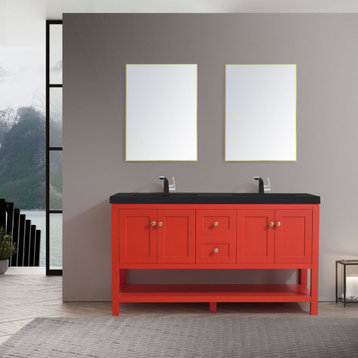 Josie 60" Double Bathroom Vanity Set with Black Sink, Red