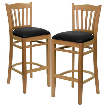 Set of 2 Traditional Bar Stool, Padded Seat With Slatted Back, Natural/Black