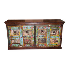 Mogul Interior - Consigned Antique Reclaimed Solid Wooden Sideboard Rustic Hand Carved Storage - Buffets and Sideboards