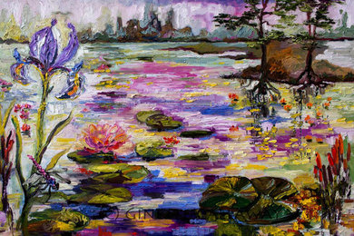 Original Impressionist Oil Painting "Life By The lily Pond"