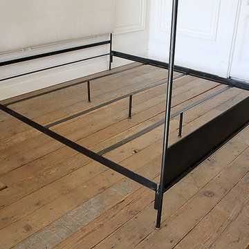 King Size Venetian Iron Canopy Bed with Upholstered Antique Linen Headboard