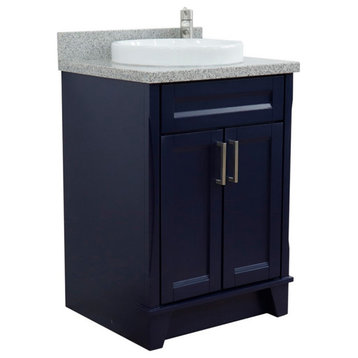 25" Single Sink Vanity, Blue Finish With Gray Granite And Round Sink