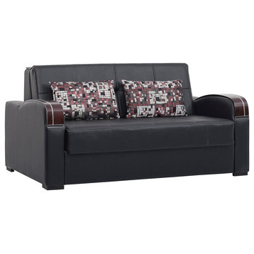 Modern Sleeper Loveseat, Curved Wooden Arms & Stitched Faux Leather Seat, Black