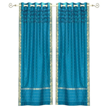 Lined-Turquoise Hand Crafted Grommet Top  Sheer Sari Curtain Drape Panel-Piece