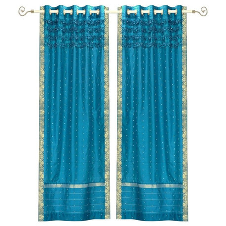 Lined-Turquoise Hand Crafted Grommet Top  Sheer Sari Curtain Drape Panel-Piece