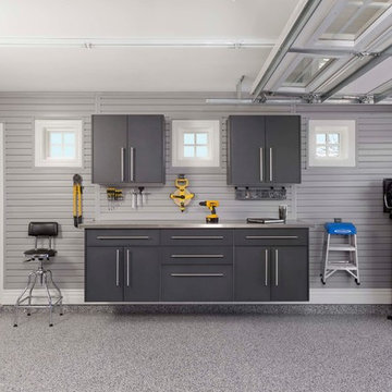 Arcadia Home: Powder Coated Granite Cabinets with Floor to Ceiling Slatwall