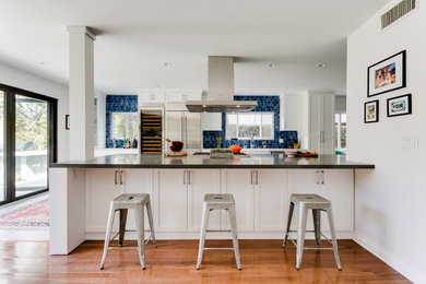 Kitchen - contemporary galley medium tone wood floor and brown floor kitchen idea in Los Angeles with shaker cabinets, white cabinets, stainless steel appliances, a peninsula and black countertops