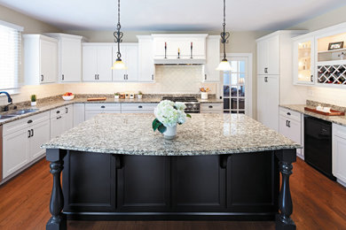 Huge transitional l-shaped medium tone wood floor and brown floor eat-in kitchen photo in New York with a double-bowl sink, flat-panel cabinets, white cabinets, laminate countertops, beige backsplash, ceramic backsplash, stainless steel appliances, an island and beige countertops