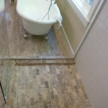 Silver 12x24 Vein Cut Travertine Master Bath & Silver Tumbled Mosaic Shower Pan