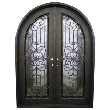 Palazzo Iron Door With Round Top And Rain Glass, Left Hand In-Swing, 72"x96"