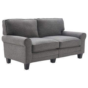 Traditional Sofa, Cushioned Seat With Pillowed Back & Rounded Arms, Grey