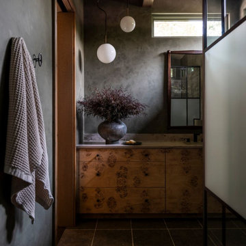 Antique White Oak Trim and Elm Box Beam in Modern Lakehouse Bathroom