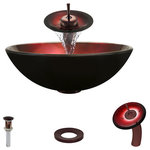 MR Direct - 607 Vessel Sink, Oil Rubbed Bronze, Waterfall Faucet - This 1/2" thick, tempered-glass vessel is circular with an interior of gold and red foils forming a crackle pattern with black wedge accents; and an exterior of smooth black. Its non-porous surface is extremely attractive and sanitary - naturally resistant to stains, odors, discoloration, and heat damage. With an overall measurement of 16 1/2" x 16 1/2" x 5 3/4", it will require a minimum-width cabinet of 18". The waterfall faucet features fully-tested, superior-quality, solid-brass components. The matching disc which circles the spout is made of the same material as the basin below. While several MR Direct vessel-style faucets may nicely complement this bowl, the waterfall design is simply stunning. This tall metal fixture gracefully bends over the basin with a slender, joystick-style toggle at the top for control of water flow and temperature. Around the neck of the shaft is a seven-inch diameter disc over which water cascades from the tall spout and into the distinctive basin. The shaft features an attractive oil-rubbed bronze finish. The included sink ring stabilizes the curved bowl above the counter and coordinates with the oil-rubbed bronze finish of the other fixture's. Additionally, a spring-loaded, vessel pop-up drain (vpud) is included, which opens and closes with a simple press to its attractive oil-rubbed bronze cap.