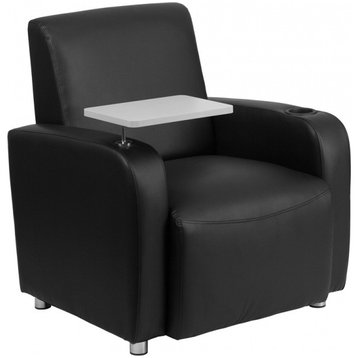 Black Leather Guest Chair With Tablet Arm, Chrome Legs And Cup Holder