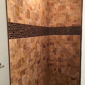 Mini-Versailles Scabos Travertine and Crackled Glass and Stone Brick Shower