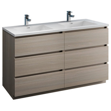 Fresca Lazzaro 60" Gray Wood Cabinet With Integrated Double Sink