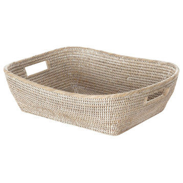 La Jolla  Handwoven Oblong Rattan Storage and Shelf Basket, White-Wash