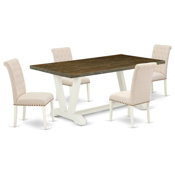 East West Furniture V-Style 5-piece Dining Set with Fabric Seat in Linen White
