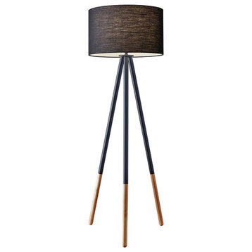 Louise 1 Light Floor Lamp, Black Painted Metal With Wood Tips