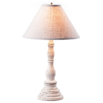 Wood Table Lamp With Punched Linen Shade USA Handmade Davenport, Vintage White