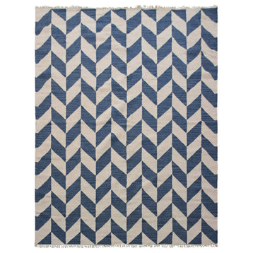 Hand Woven Flat Weave Kilim Wool Area Rug Contemporary Blue White