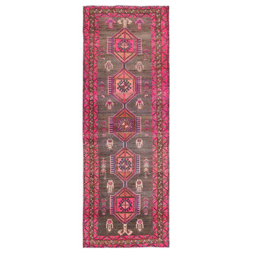 Mocha Brown With Pink Old Persian Heriz Hand Knotted Pure Wool Rug, 3'7"x10'1"