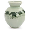 NOVICA Prancing Jade Elephants And Celadon Ceramic Vase