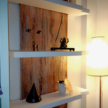 librerie artistica a giorno.pannello rivestito in foglia rame