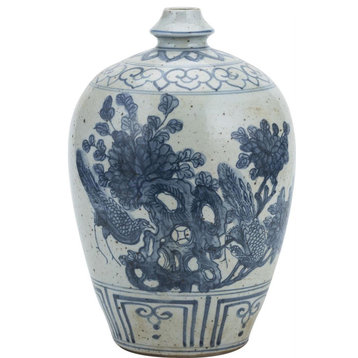 Vase Flower Bird Garlic Head Blue White Ceramic Handmade Ha