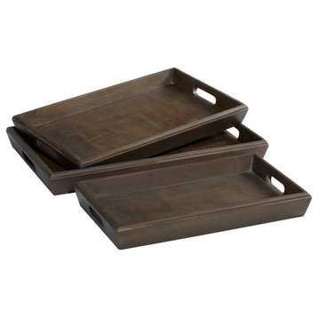 Set of 3 Brown Mango Wood Contemporary Tray, 18", 20", 22"