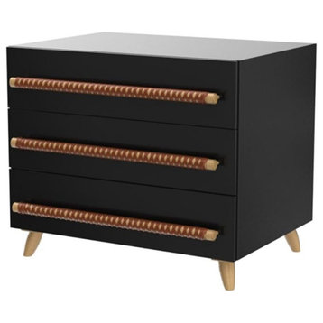 Contemporary Dresser, 3 Storage Drawers With Faux Leather Accents, Black/Gold