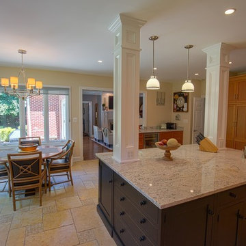Island modification, columns, Salinas White Granite, Herringbone tile