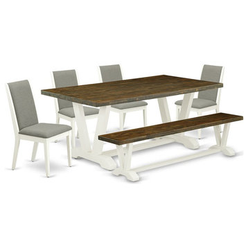 East West Furniture V-Style 6-piece Wood Dining Table Set in Linen White/Shitake
