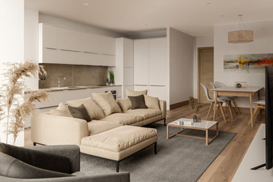 Imagen de sala de estar abierta actual de tamaño medio con paredes blancas, suelo laminado y suelo marrón