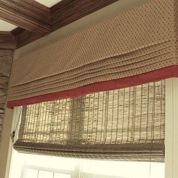 Pleated Faux Roman Valance over Woven Wood Romans