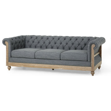 Chesterfield Sofa, Rustic Wood Frame & Tufted Backrest & Rolled Arms, Charcoal