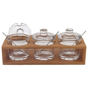 Glass Jam Set With 3 Glass Jars and Spoons on a Wood Stand