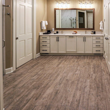 Rustic Master Bathroom with Barrier Free Shower and Closet Organization